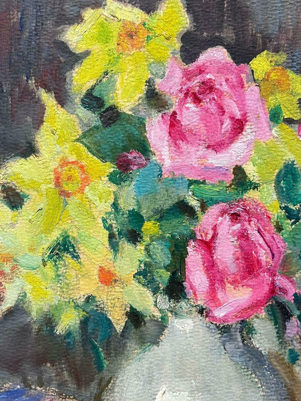 Louise Alix1930's French Impressionist Still Life Painting Daffodils And Pink Roses In Vase1940's photo for sale
