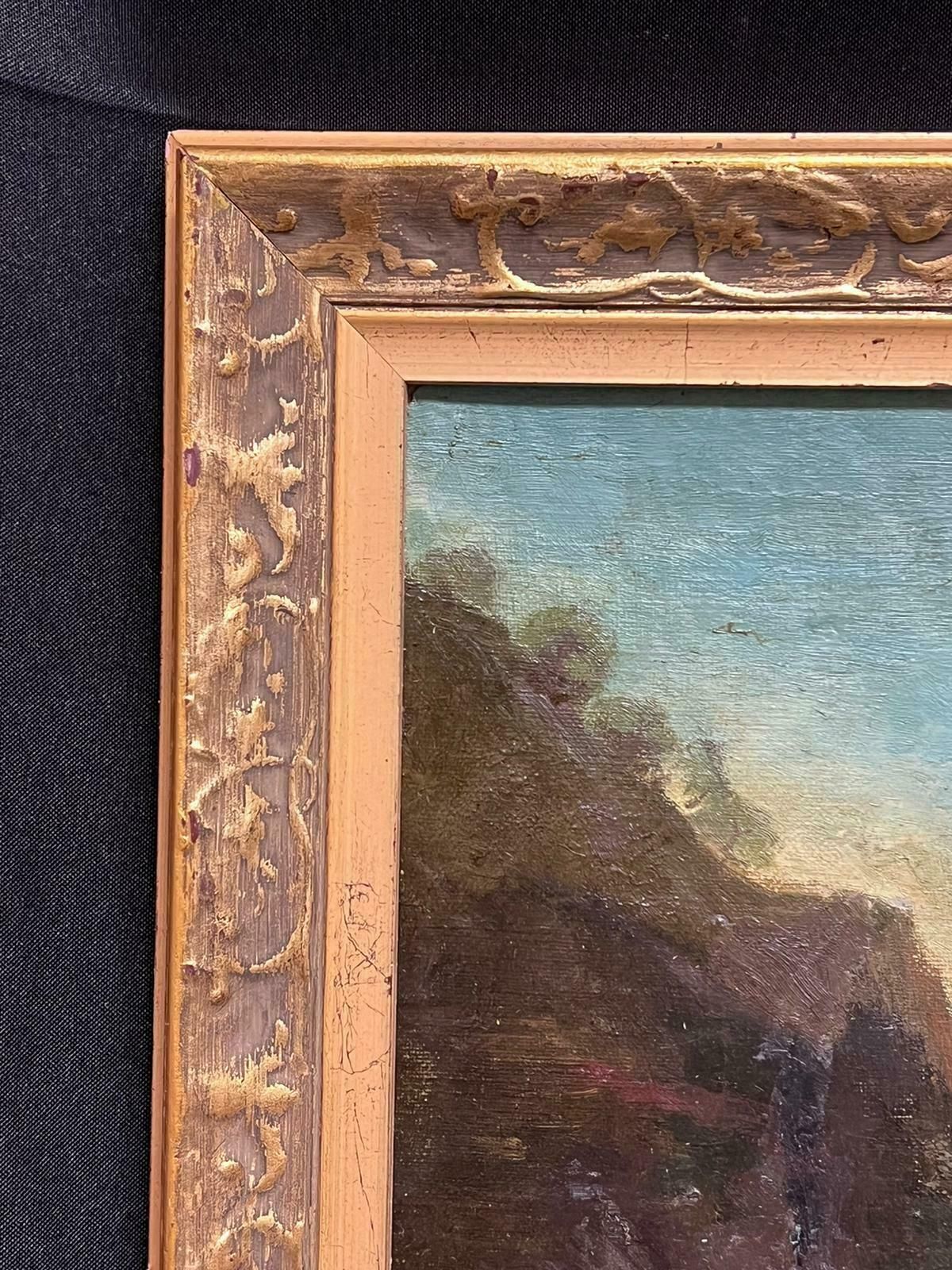 French School19th Century Signed French Oil Painting Fisherfolk On The Shore Sunset Sunrise photo 1026.0