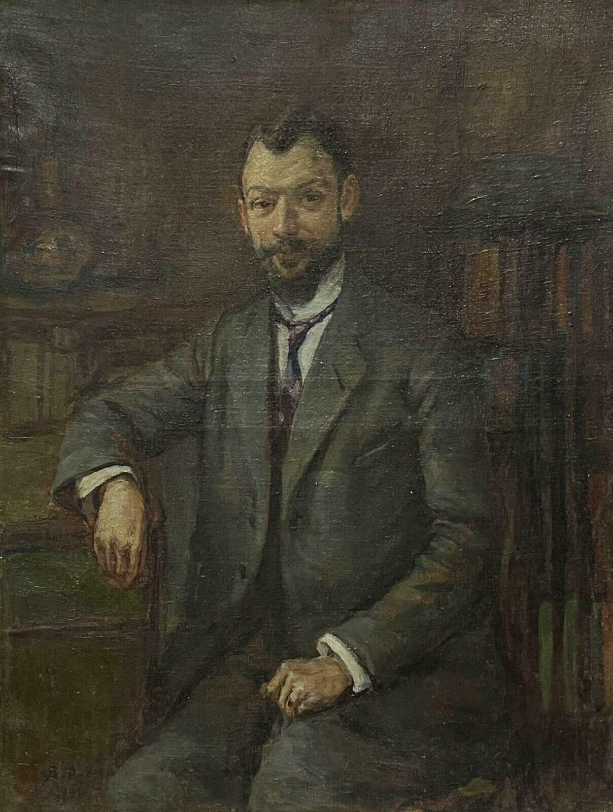 Antique Frenchsigned French Impressionist Oil Painting Portrait Of A Man Seated In Libraryc. 1910