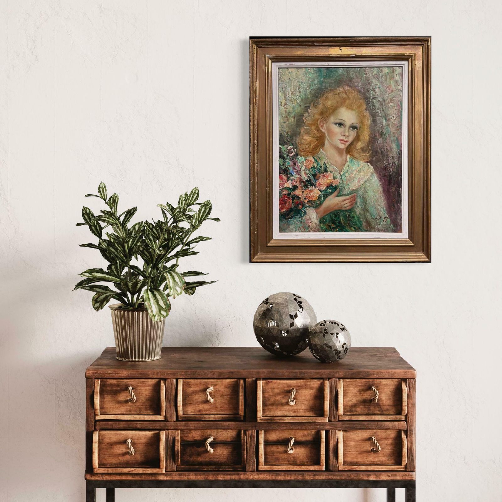 Anna De Banguy1950's French Post Impressionist Signed Oil Portrait Of Young Lady With Flowers1950's photo furniture