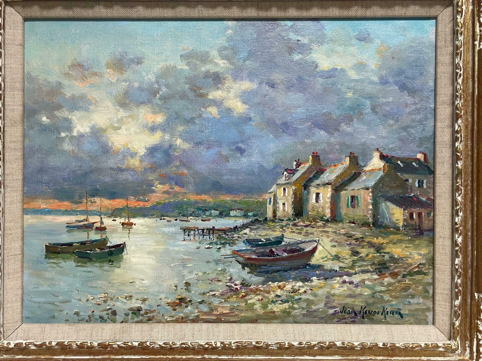 Jean Kevorkiansuperb French Impressionist Signed Oil Painting Brittany Boats Coastline Sunsetc. 1980's photo 2359.0