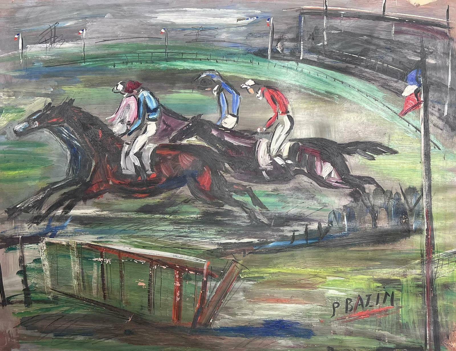 French Mid Century Large Mid Century French Expressionist Signed Oil Horse Racing Scene1950's