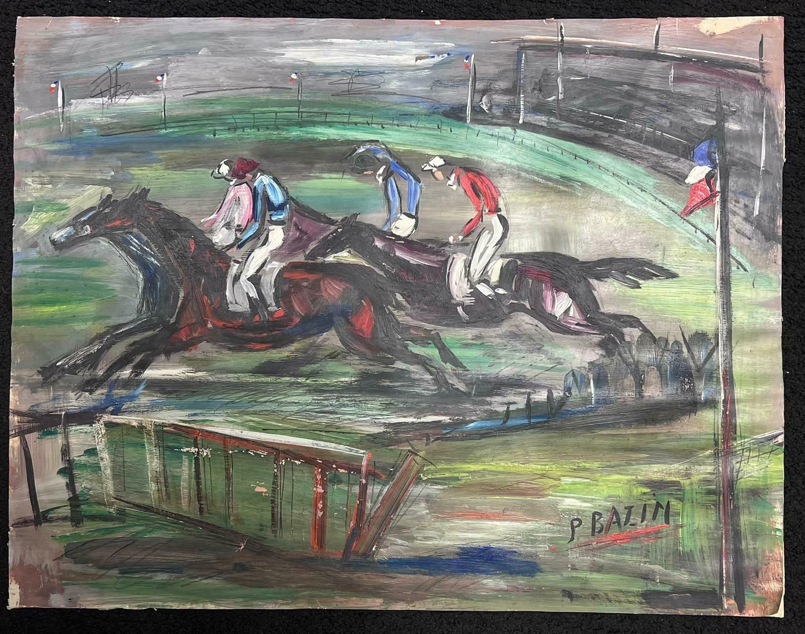 French Mid Century Large Mid Century French Expressionist Signed Oil Horse Racing Scene1950's photo furniture