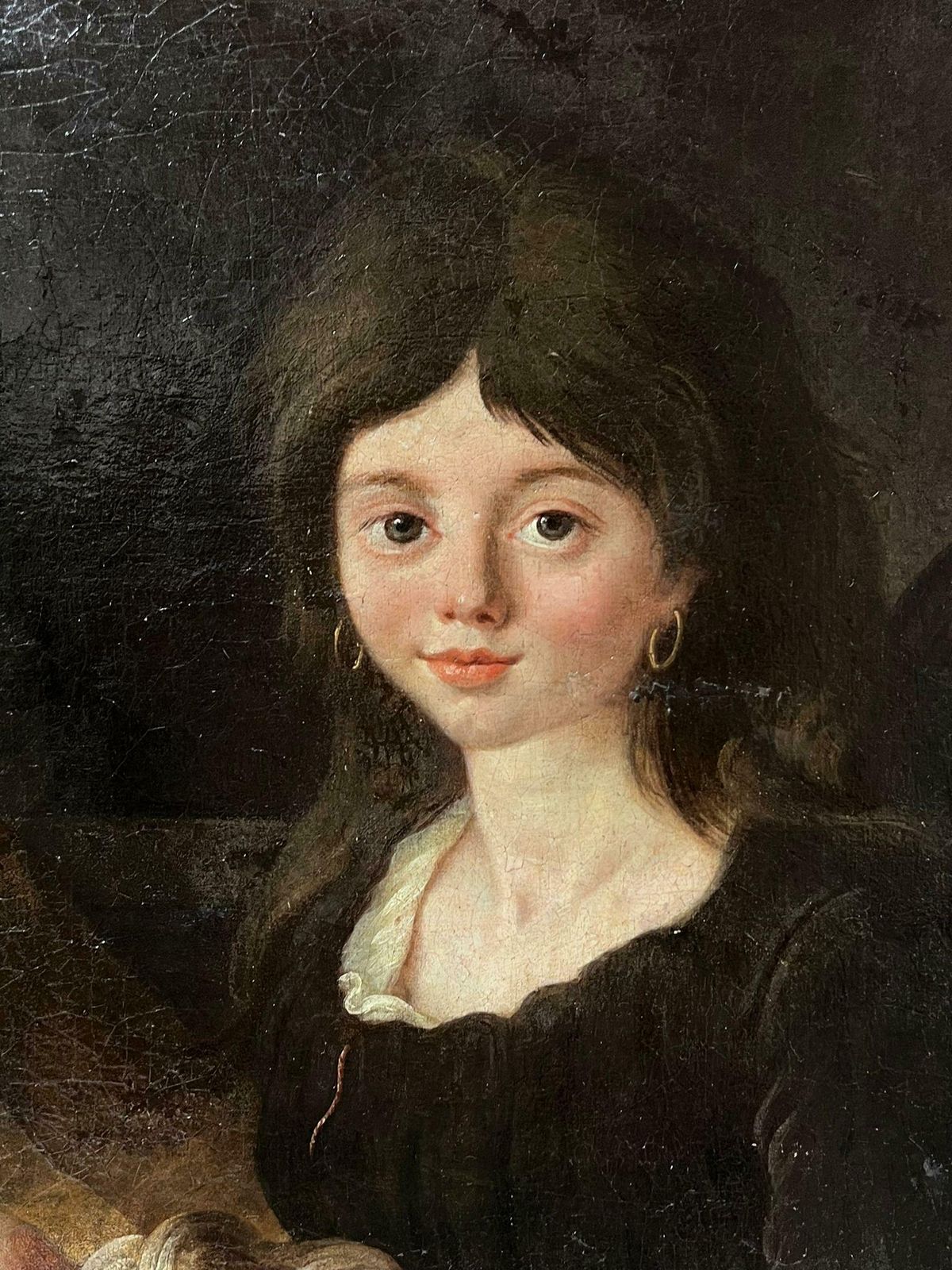 French Schoolc. 1800's French Oil Painting On Canvas Young Girl With Pet Dog On Lap1800 photo vinterior
