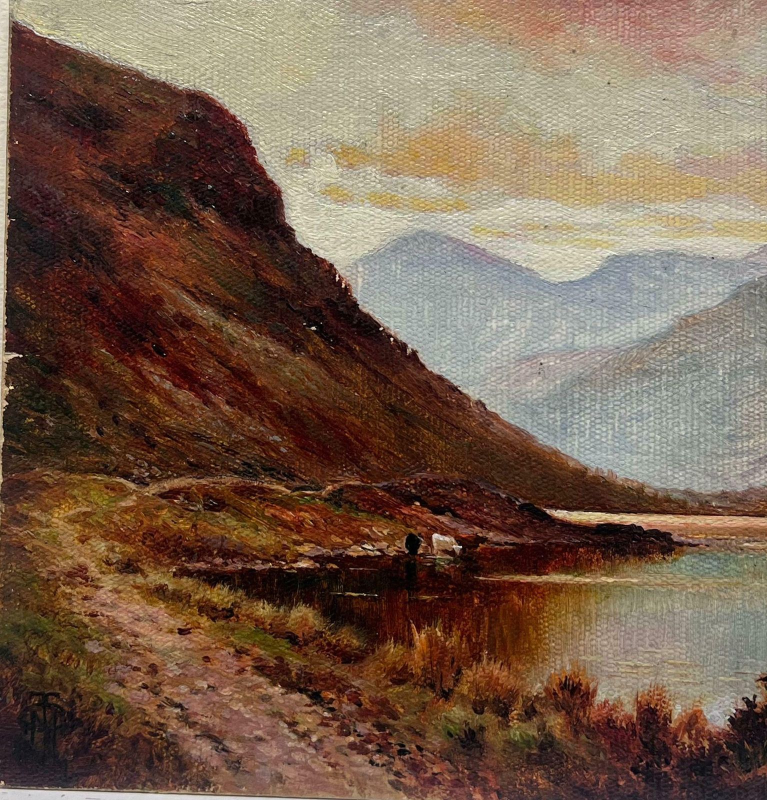 British School Scottish Highlands Loch Scene At Sunset Cattle Watering Signed Antique Oil photo Art