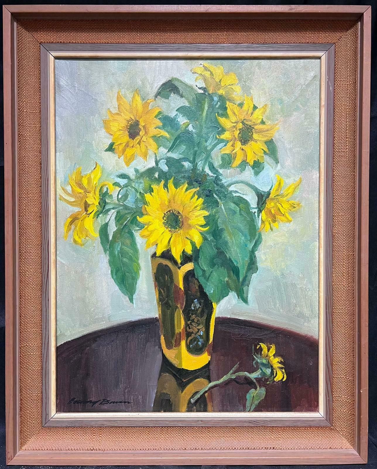 Mid 20th Century English Impressionistsunflowers In Vase 1950's English Impressionist Signed Oil Painting On Canvas1950's