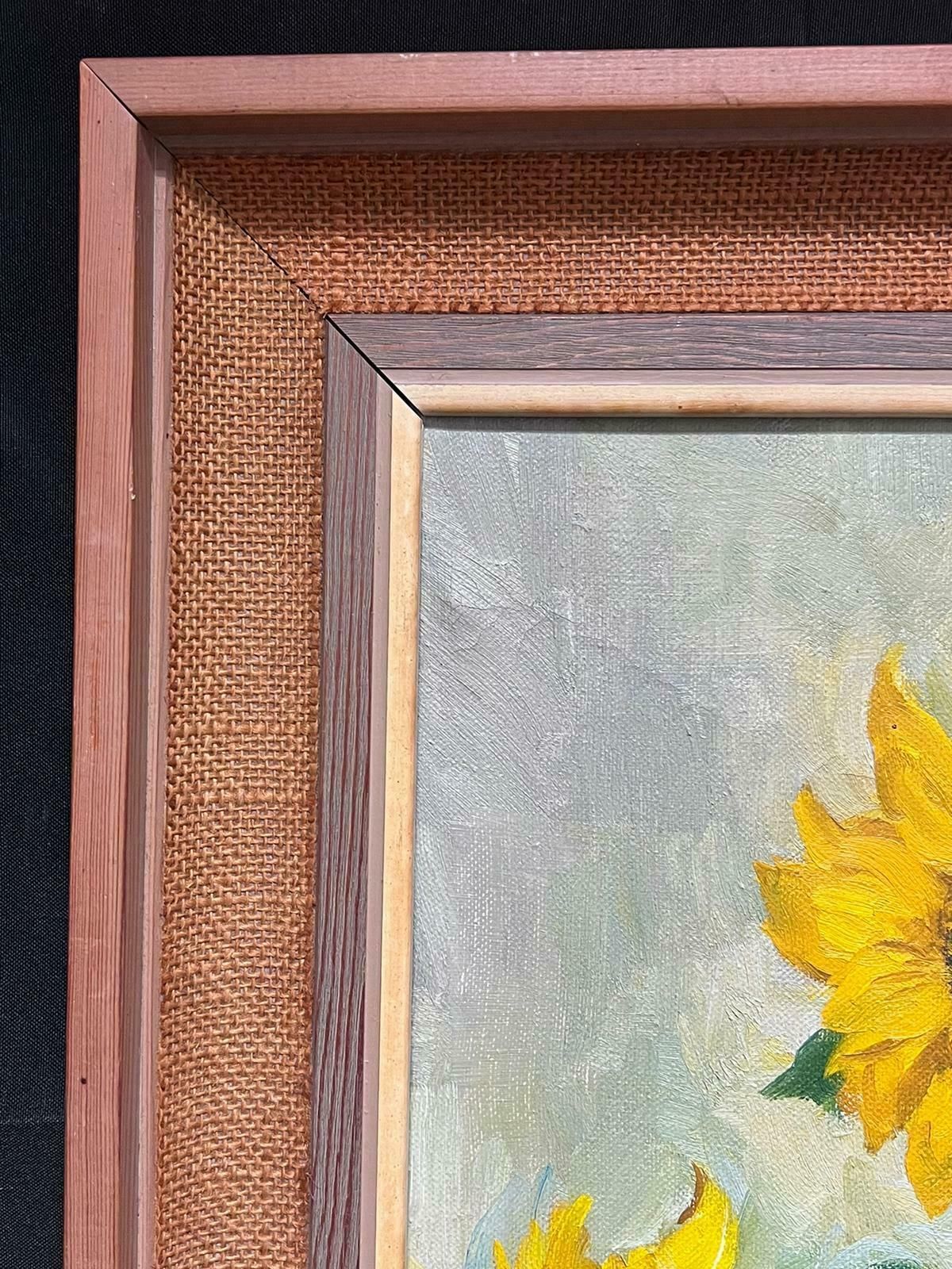 Mid 20th Century English Impressionistsunflowers In Vase 1950's English Impressionist Signed Oil Painting On Canvas1950's photo Art