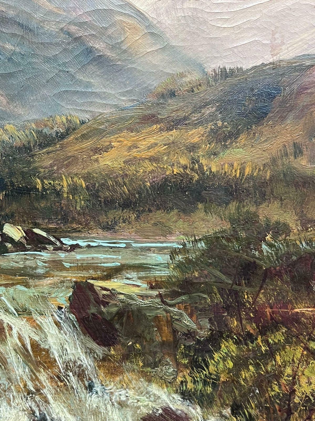 F. E. Jamiesonantique Scottish Highland Landscape Oil Painting Full Spate River In Mountains photo vintage