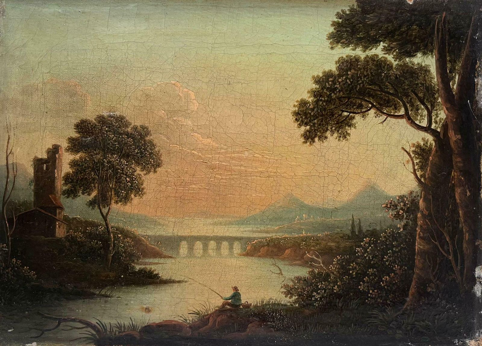 Romantic English River Landscape With Angler At Sunset Early 19th Century Oil photo Art