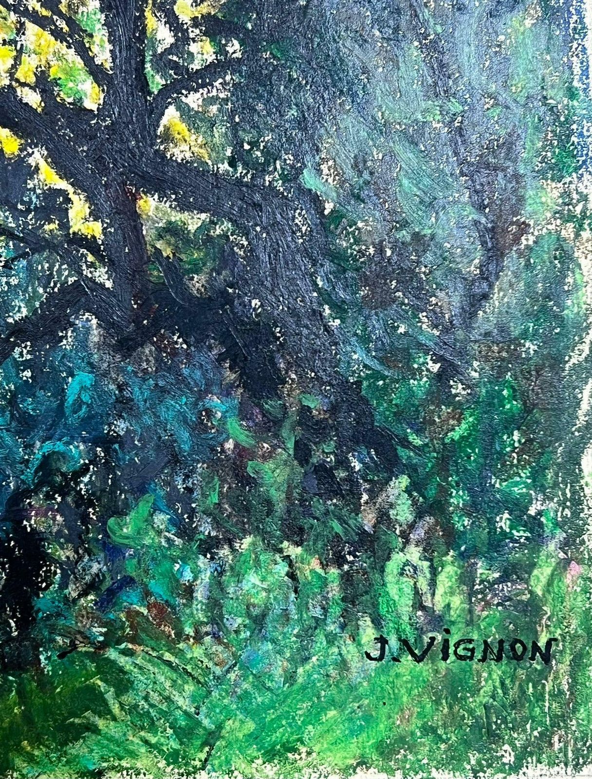 Josine Vignon1970's French Impressionist Pastel Garden Bench In The Summer Tree Garden1977 photo for sale