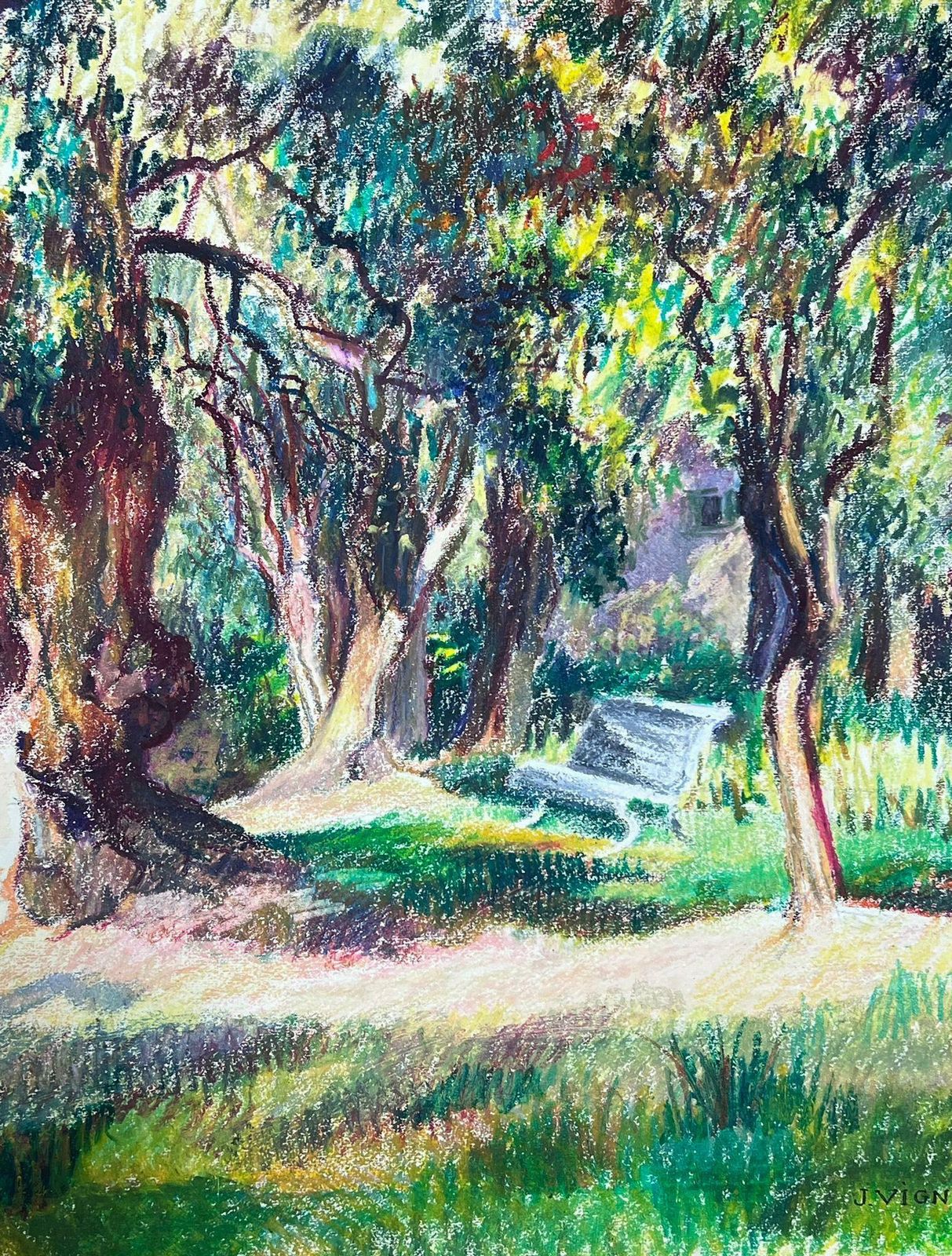 Josine Vignon1970's French Impressionist Pastel Garden Bench In The Summer Tree Garden1977 photo 491.0