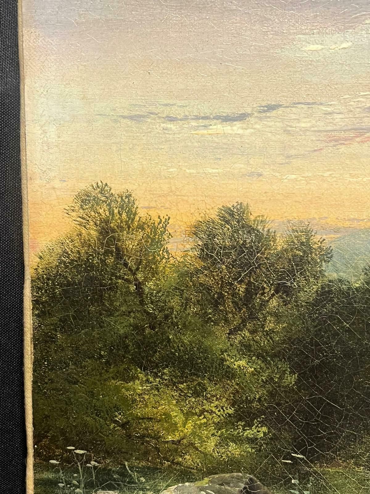 British Victorianmid 19th Century English Oil Painting Anglers River Landscape At Sunset photo furniture