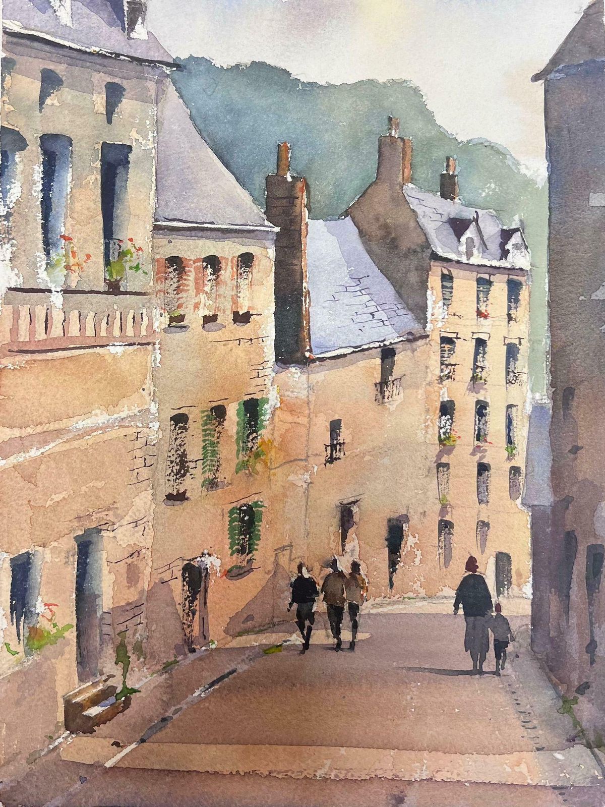 Anthony Averyfine Original Impressionist Watercolor Figures Walking Down The English Street