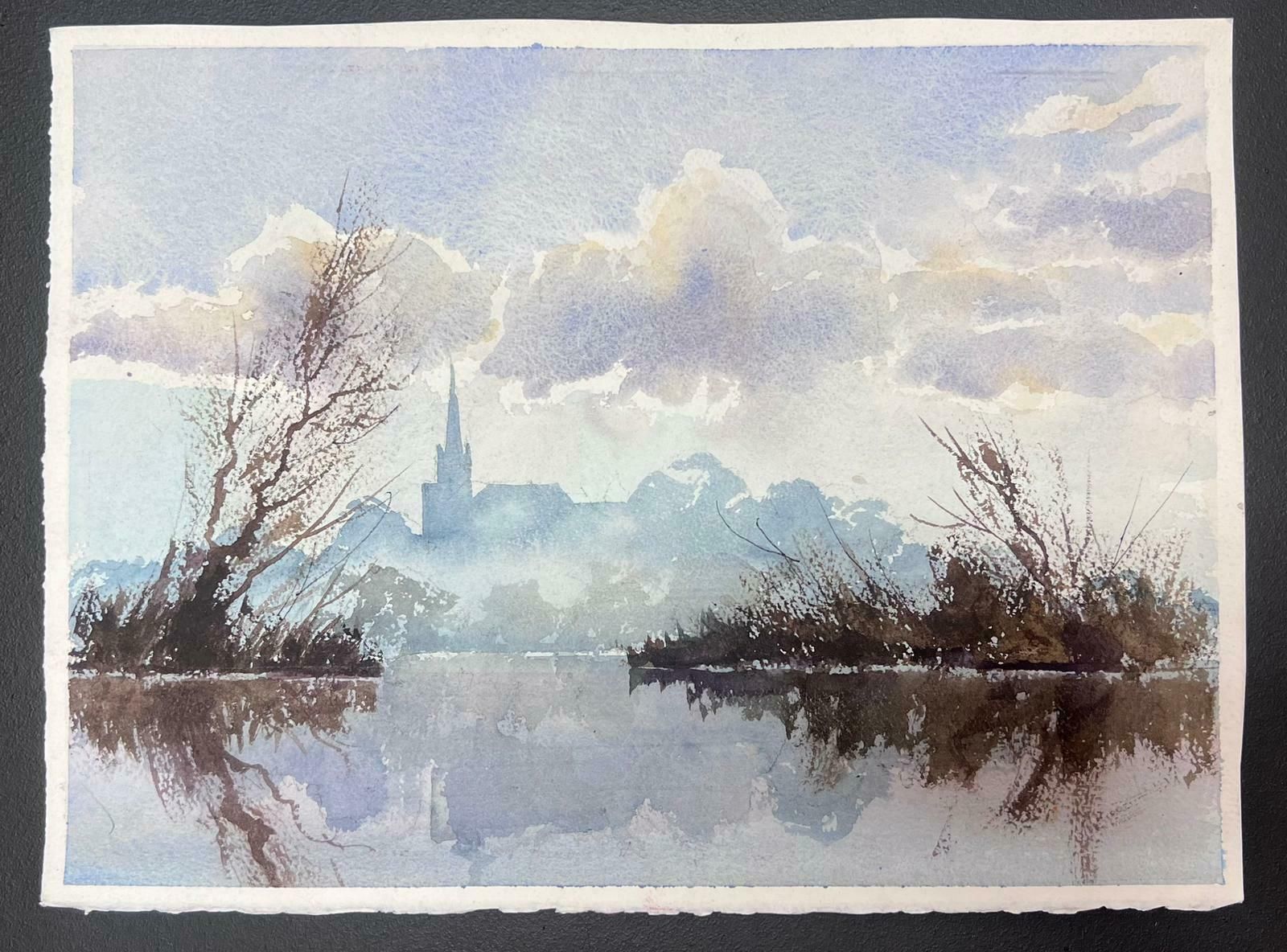 Anthony Averyfine British Original Impressionist Watercolor Gloomy Fog Rising Over Blue Lake photo furniture