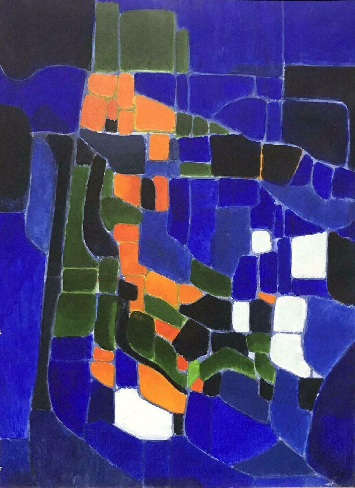French Cubist1980's French Cubist Abstract Signed Oil Painting   Deep Blue Green Orange Blackc. 1950's