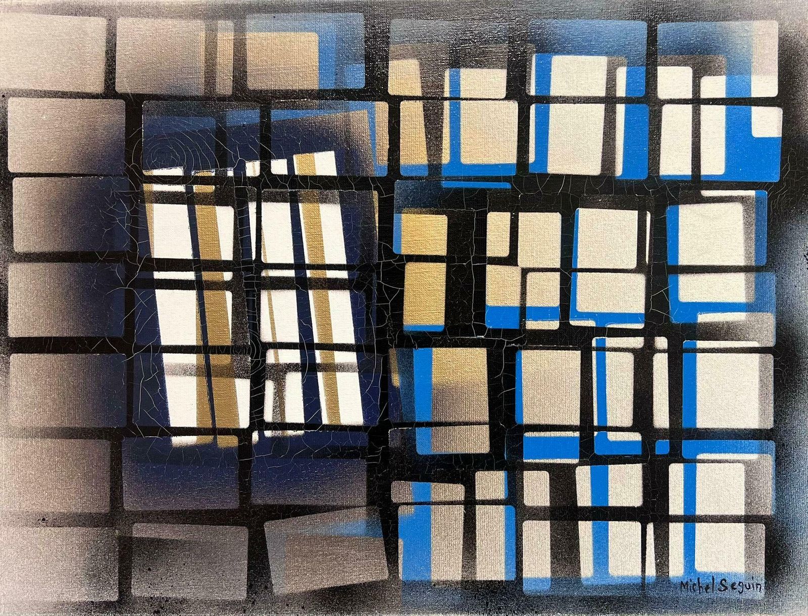 Michel Seguinlarge French Abstract Expressionist Painting Contemporary Black Blue Squares
