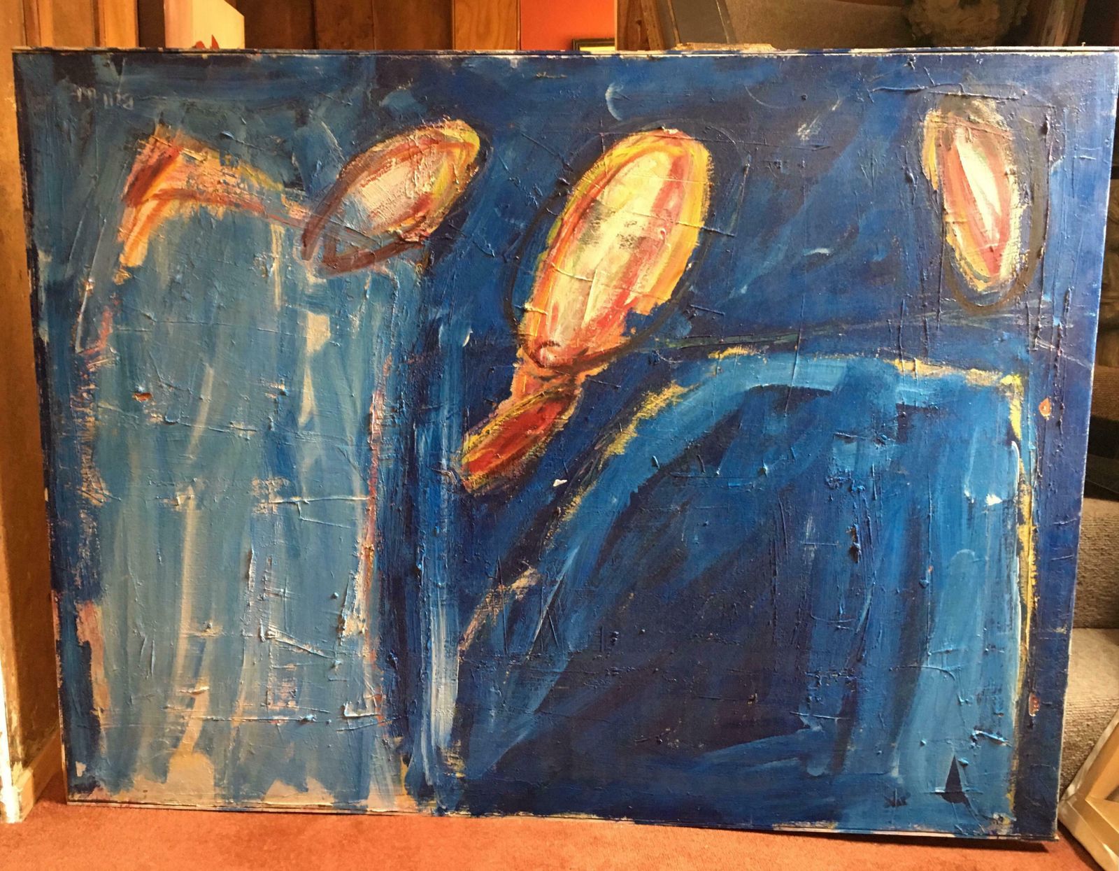 Unknowndeep Blue Figures, Large French Expressionist Original Oil Painting C.1980s photo for sale