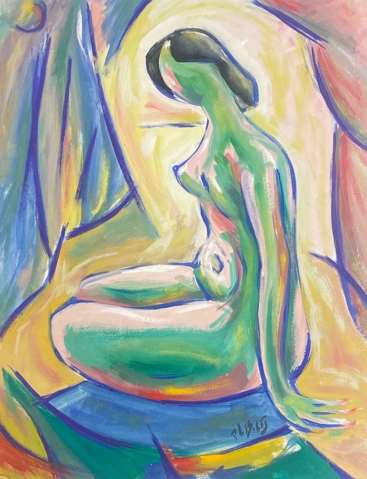 Paul Louis Bolot (French 1918 2003)20th Century French Modernist Gouache Painting Green Abstract Posed Lady In Nude20th Century (1976)
