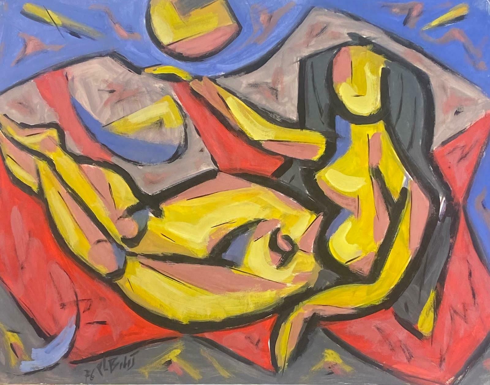 Paul Louis Bolot (French 1918 2003)french Modernist Gouache Painting Posed Yellow Nude Lady With Black Hair 20th Century (1976)