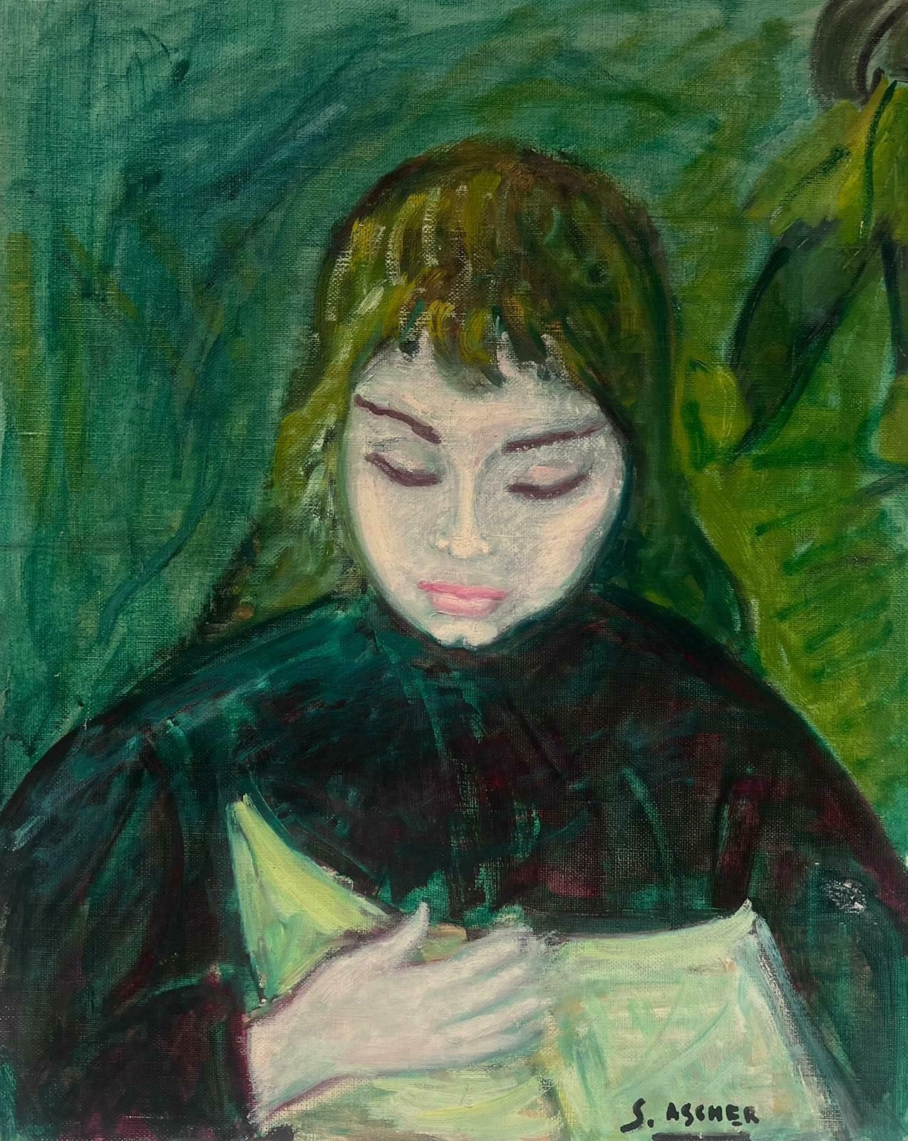 S.Ascher1950's French Modernist Signed Oil Painting Portrait Of Young Lady In Green1950's photo furniture