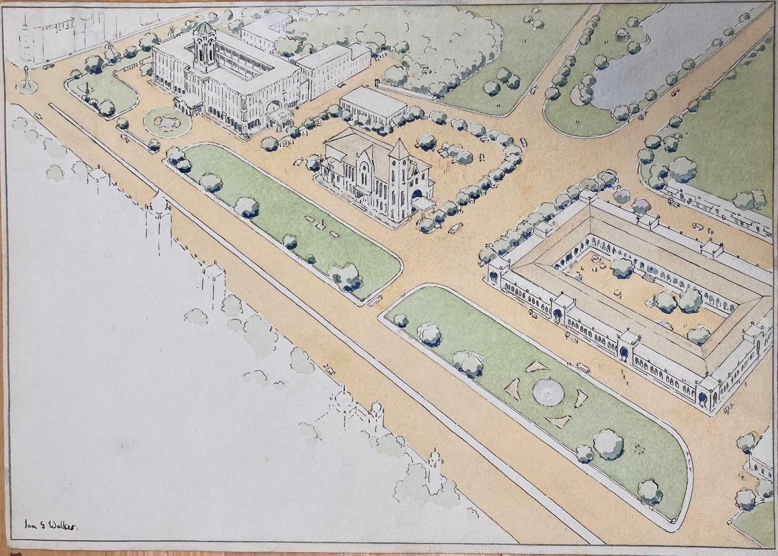 Ian G. Walkerfinely Detailed British Watercolor Topographical Of Civic Centre Madras20th Century