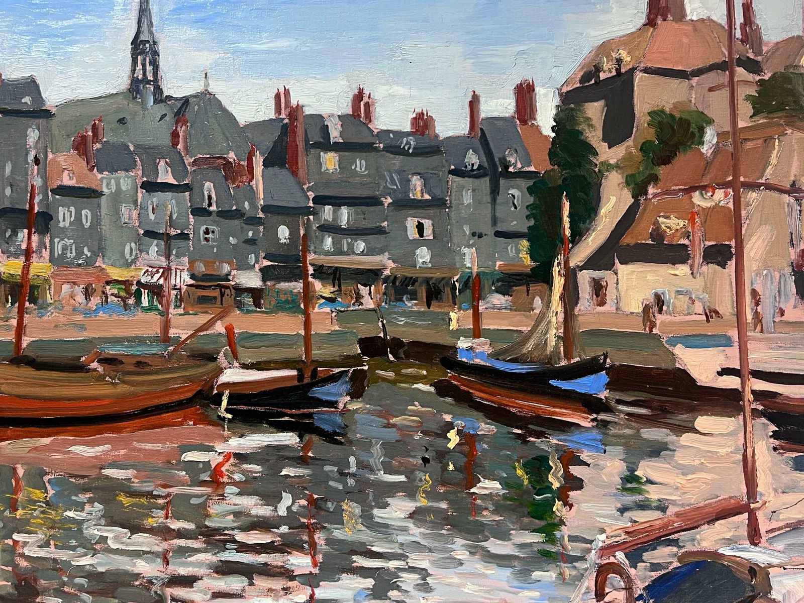 Georges Bordonove1970's French Impressionist Signed Oil Pretty French Harbor Scene With Boats1970 photo for sale