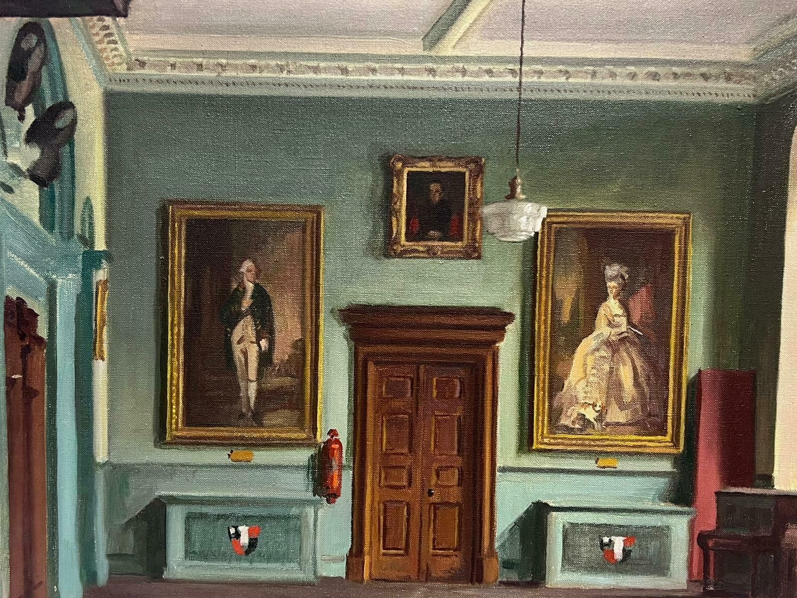 English Mid 20thfine 1950's English Oil Grand Interior Room Scene Ancestral Portraits Signed photo for sale
