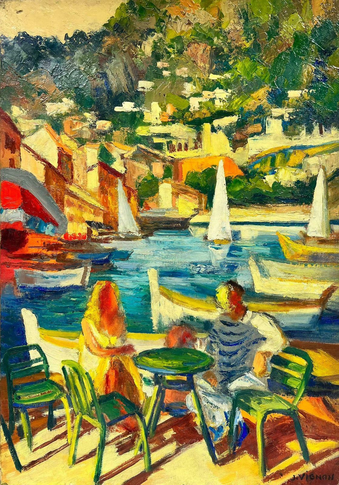 Josine Vignoncouple Dining By The Vibrant Cagnes Sur Mer Harbour French Signed Oil 1960's