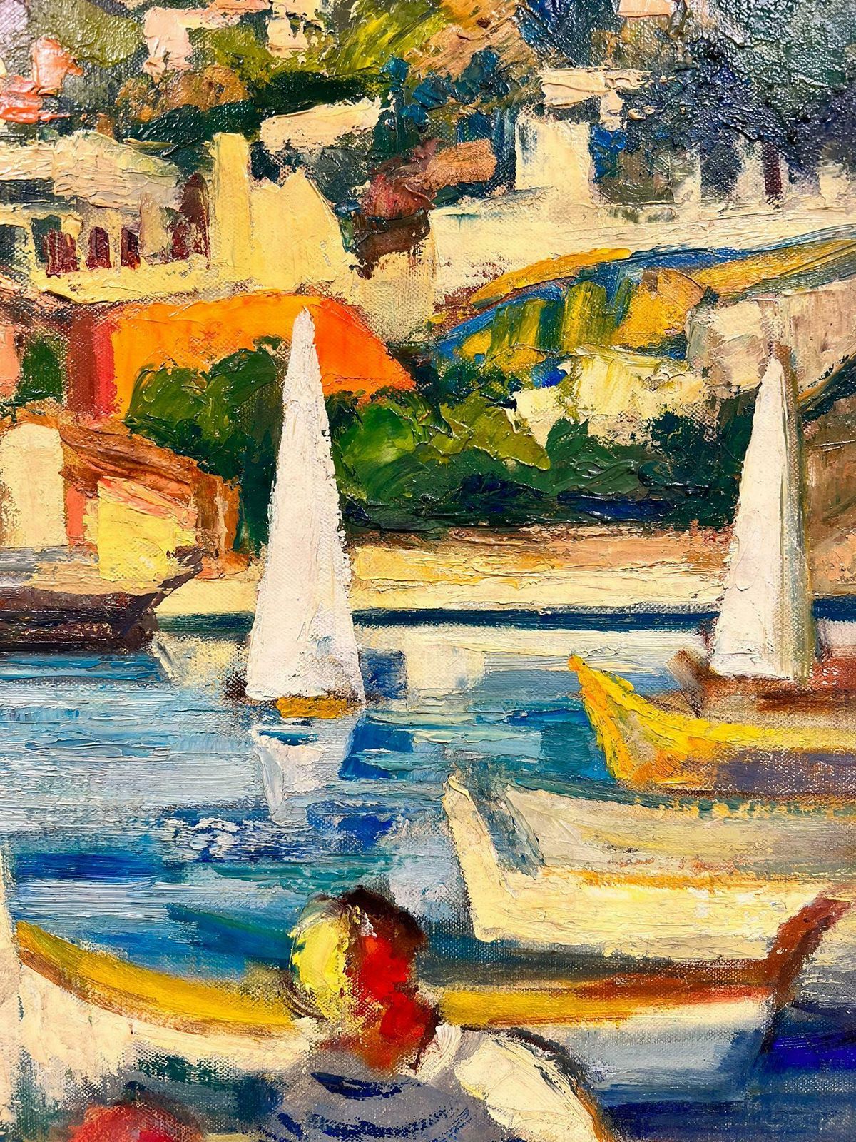 Art Josine Vignoncouple Dining By The Vibrant Cagnes Sur Mer Harbour French Signed Oil 1960's photo