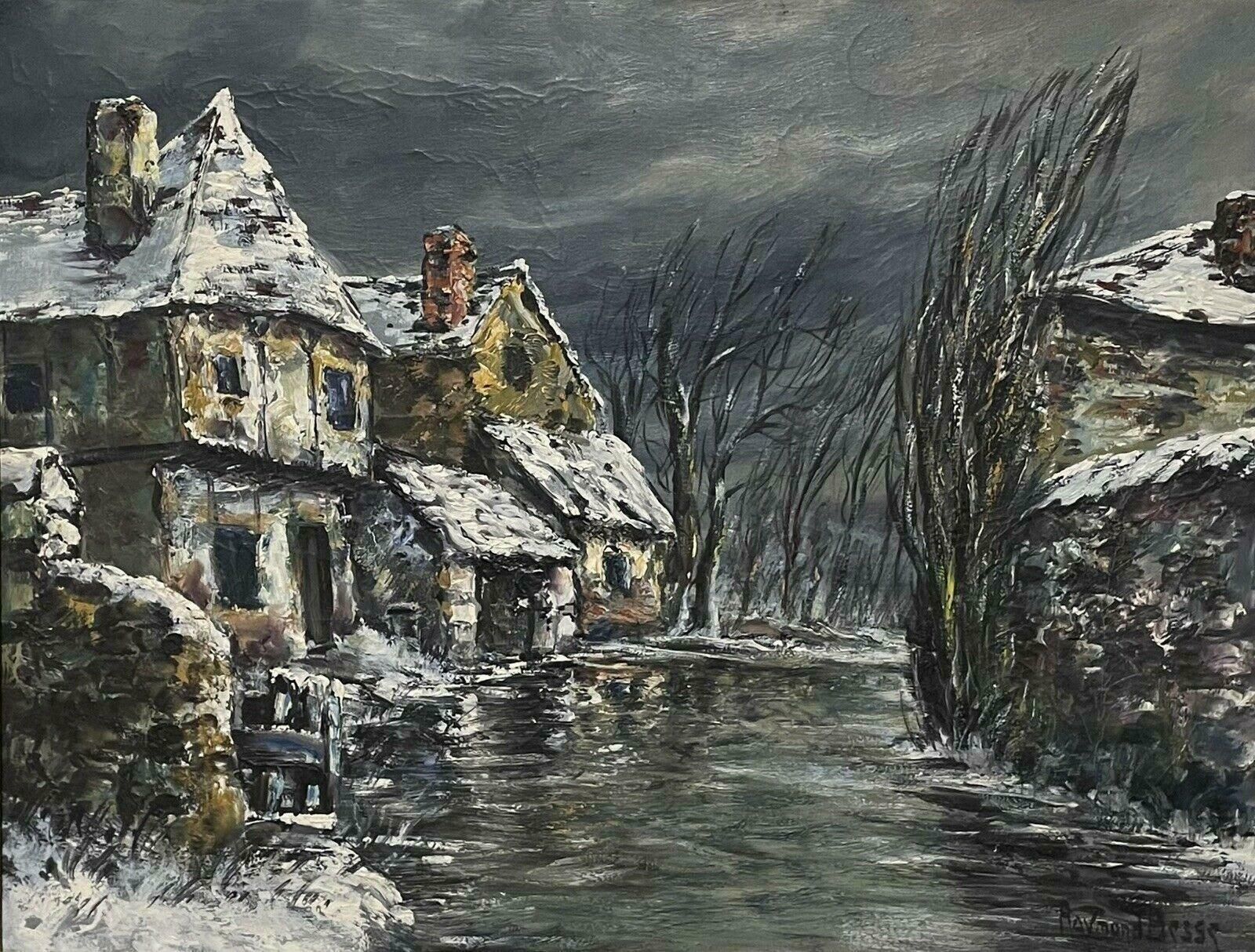 Raymond Besse1950's French Village In Winter River Landscape Signed Impressionist Oilc. 1950's photo furniture