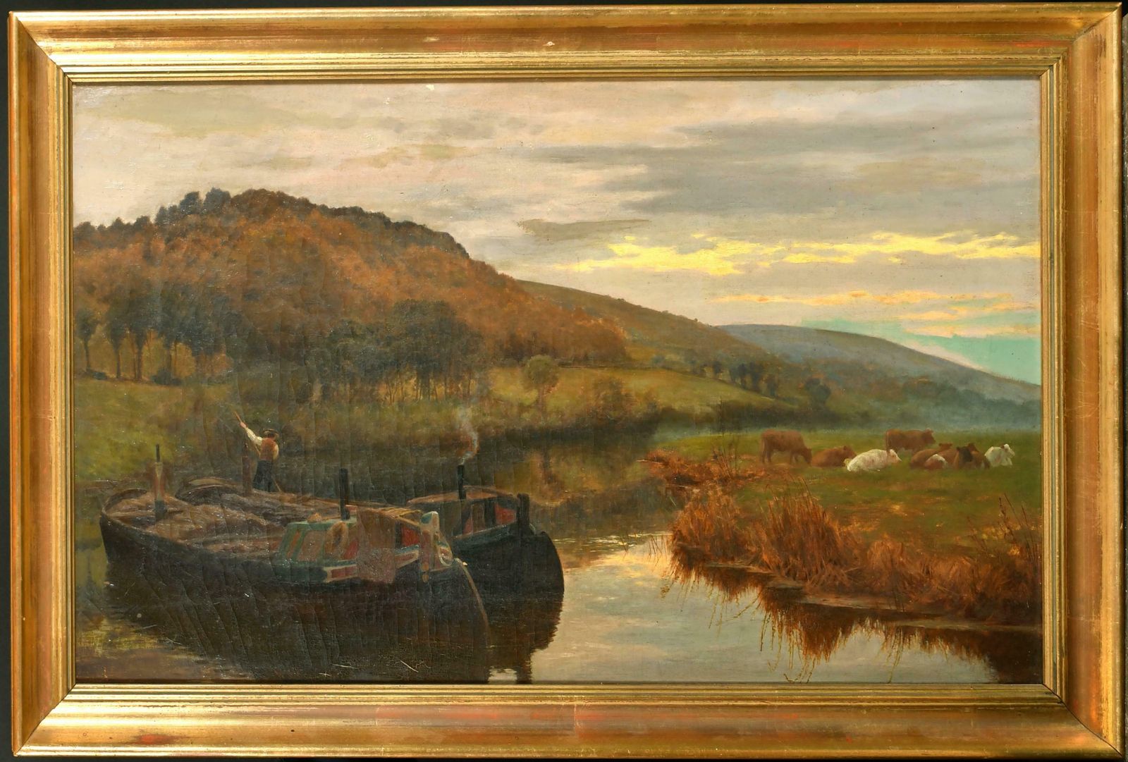 19th Century English Schoolvictorian Oil Painting Barge Boats By Pastoral River Sunset Cattle Grazing