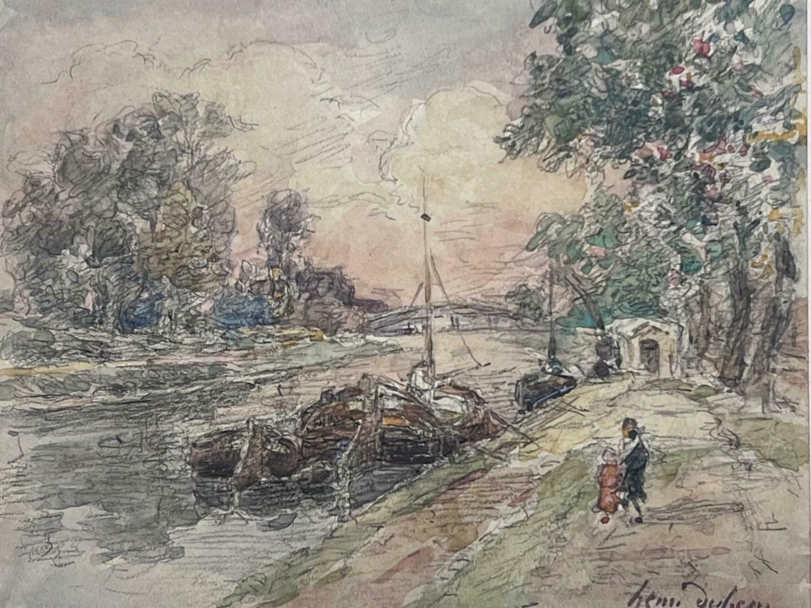 Henri Aime Duhemfine Antique French Impressionist Painting Canal Tow Path With Children & Boats