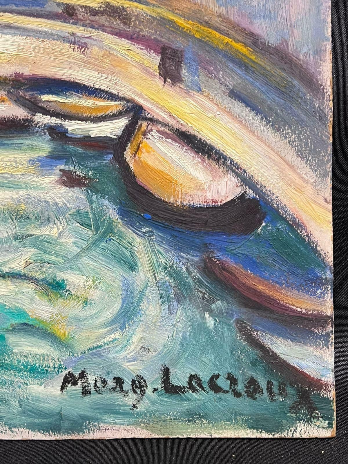 Marguerite Lacrouxmid 20th Century French Signed Oil Boats In Town Harbor Modernist Style photo for sale