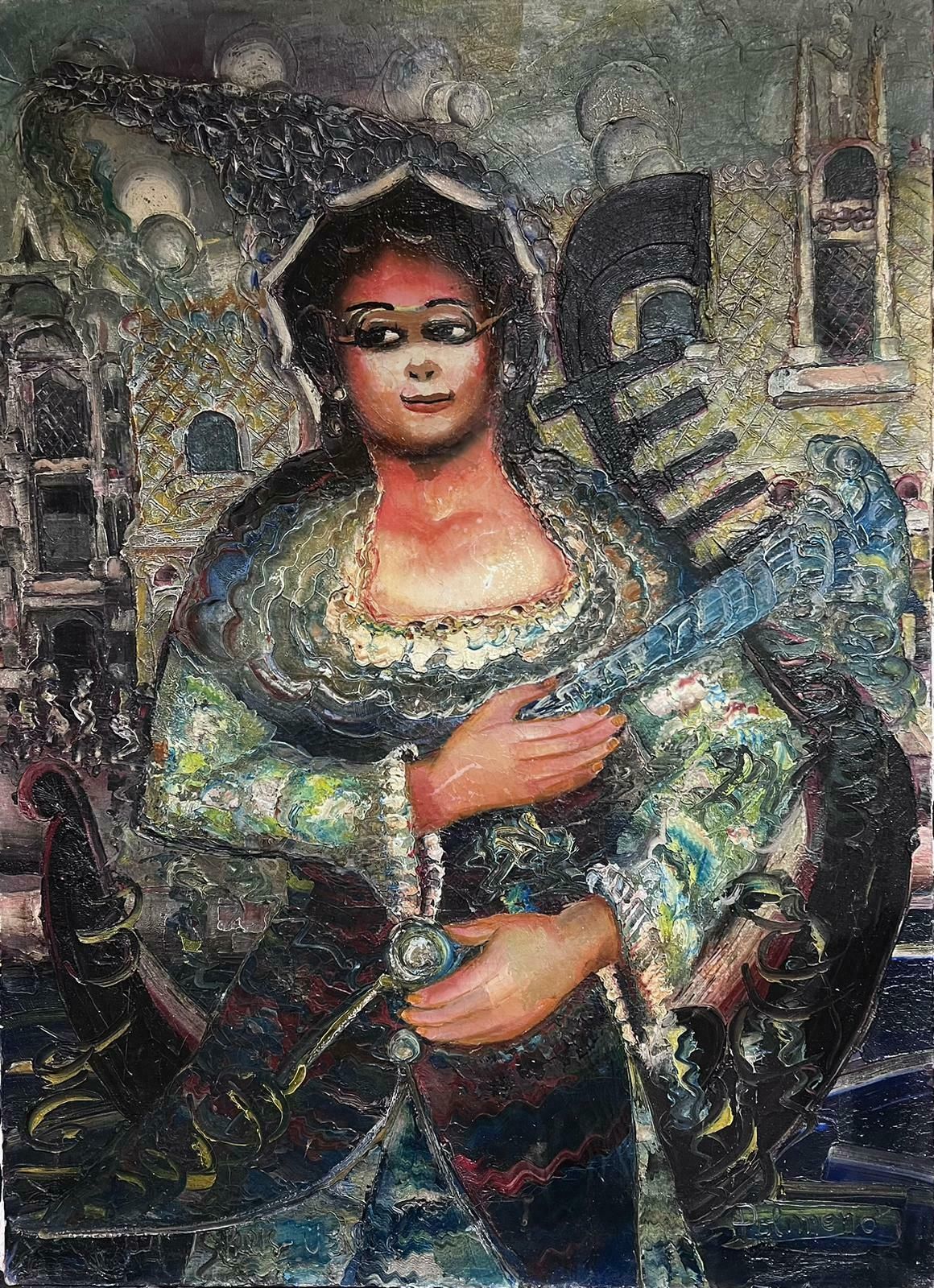 French Schoolmid 20th Century Expressionist Portrait Lady In Gondola Venice Signed Painting