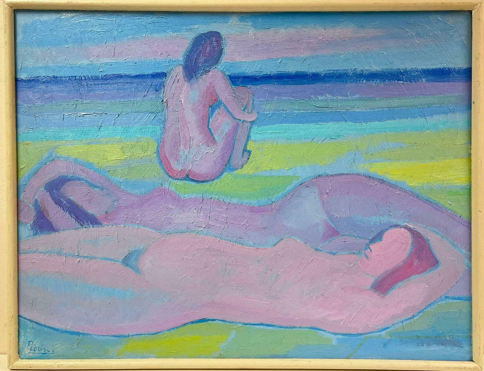 French Modernistsigned 20th Century French Modernist Oil Painting Naked Woman On Beach photo furniture
