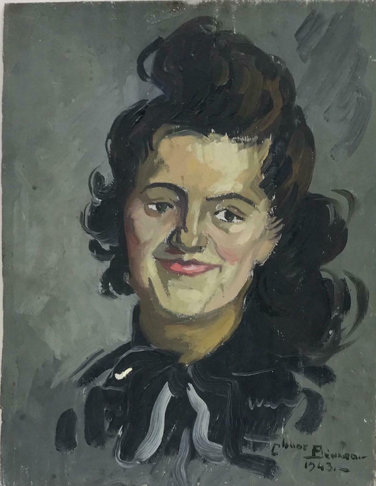 Claude Benard19400's French Impressionist Signed Oil Portrait Of Lady With Brown Hair1943