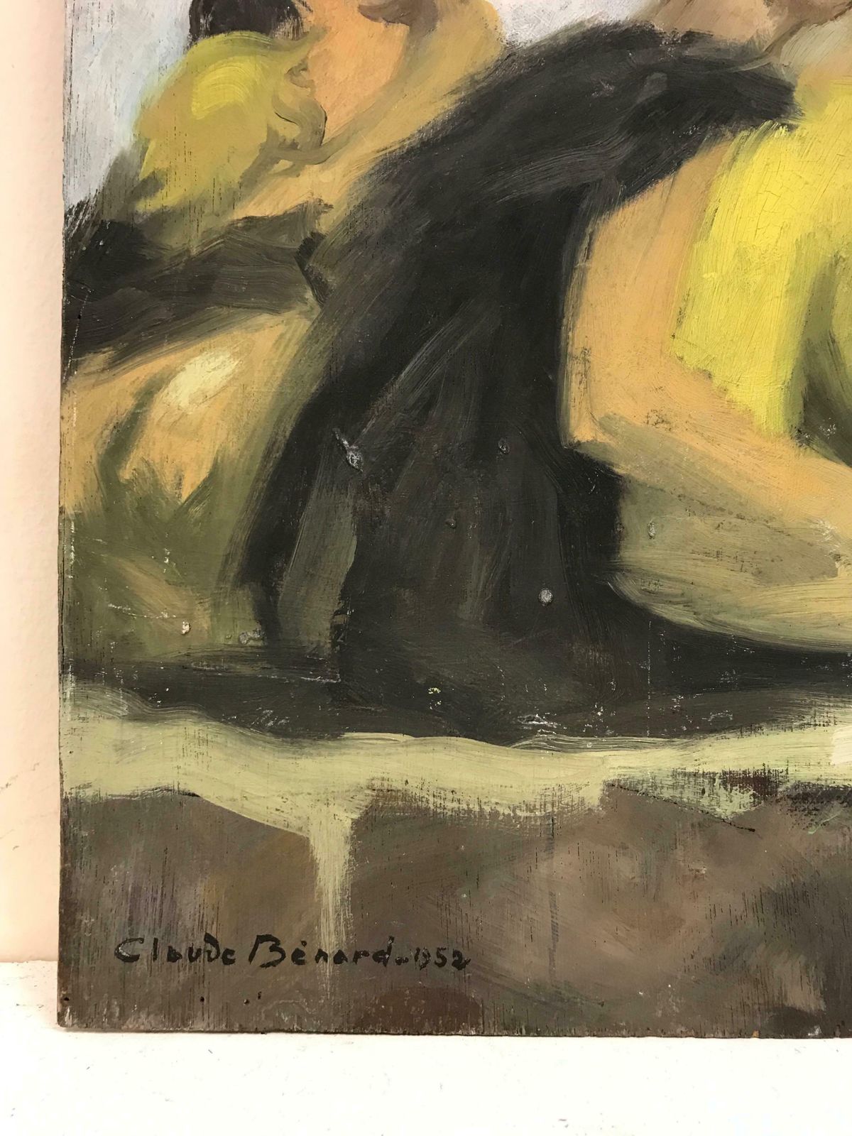 Claude Benard1950's French Modernist Signed Oil Ladies Dressed In Yellow Gazing Upwards photo vinterior