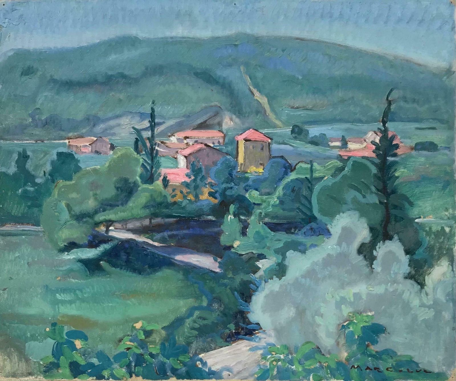 French School1930s French Fauvist Oil Painting   Far Reaching Provencal Landscape Pink Houses