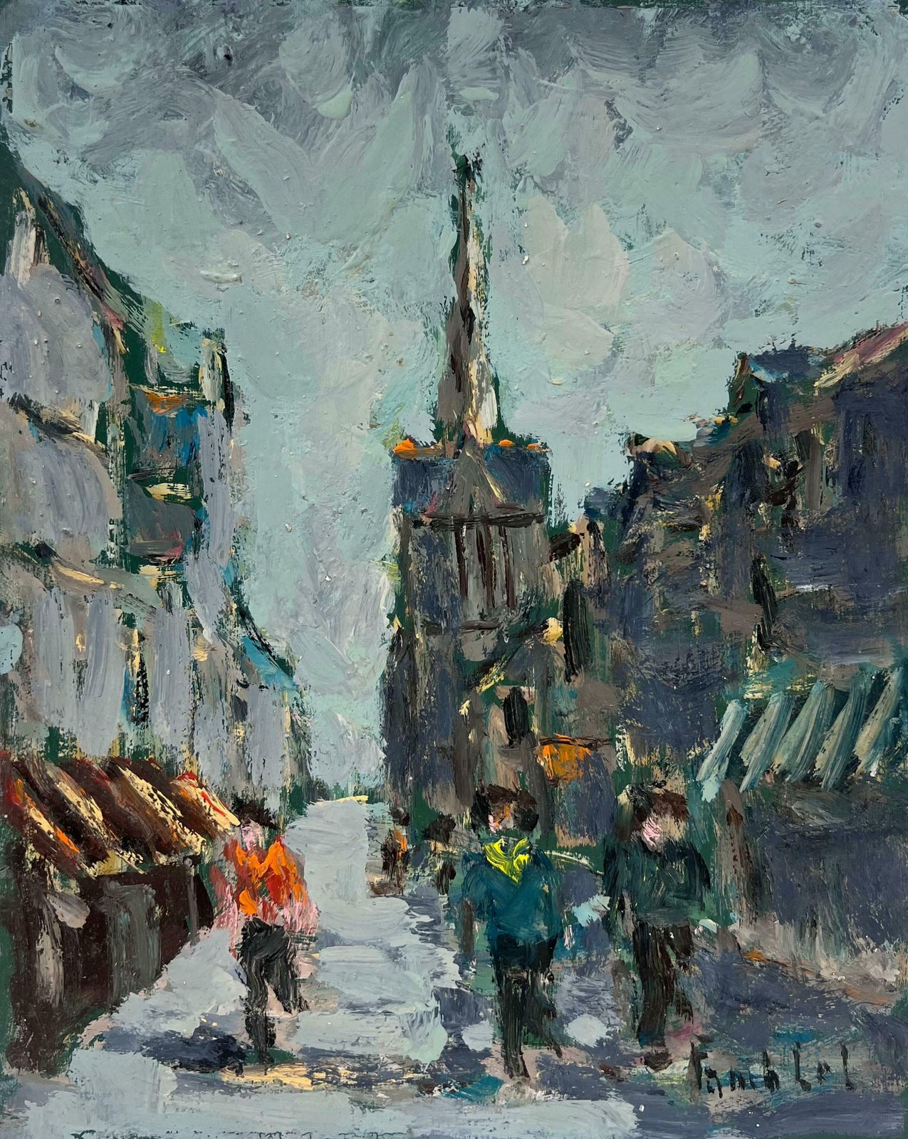 Fanch Lel Figures Walking Beneath A Towering Spire In A Grey Quaint French Cityscape Oil20th Century