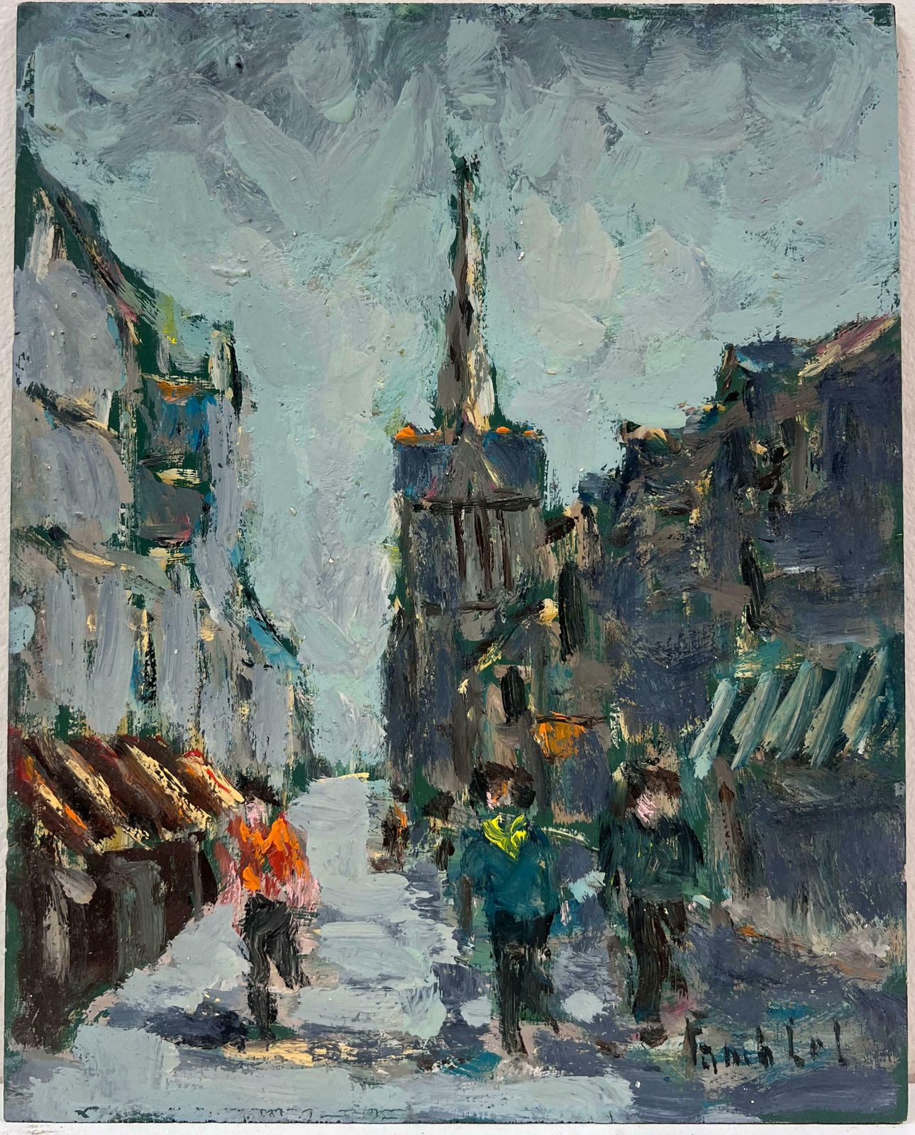 Fanch Lel Figures Walking Beneath A Towering Spire In A Grey Quaint French Cityscape Oil20th Century photo furniture