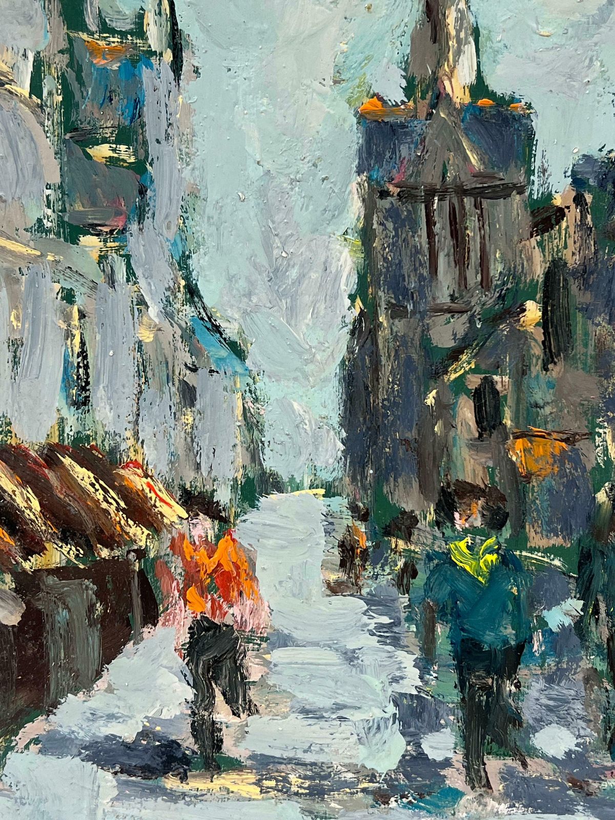 Fanch Lel Figures Walking Beneath A Towering Spire In A Grey Quaint French Cityscape Oil20th Century photo 667.0