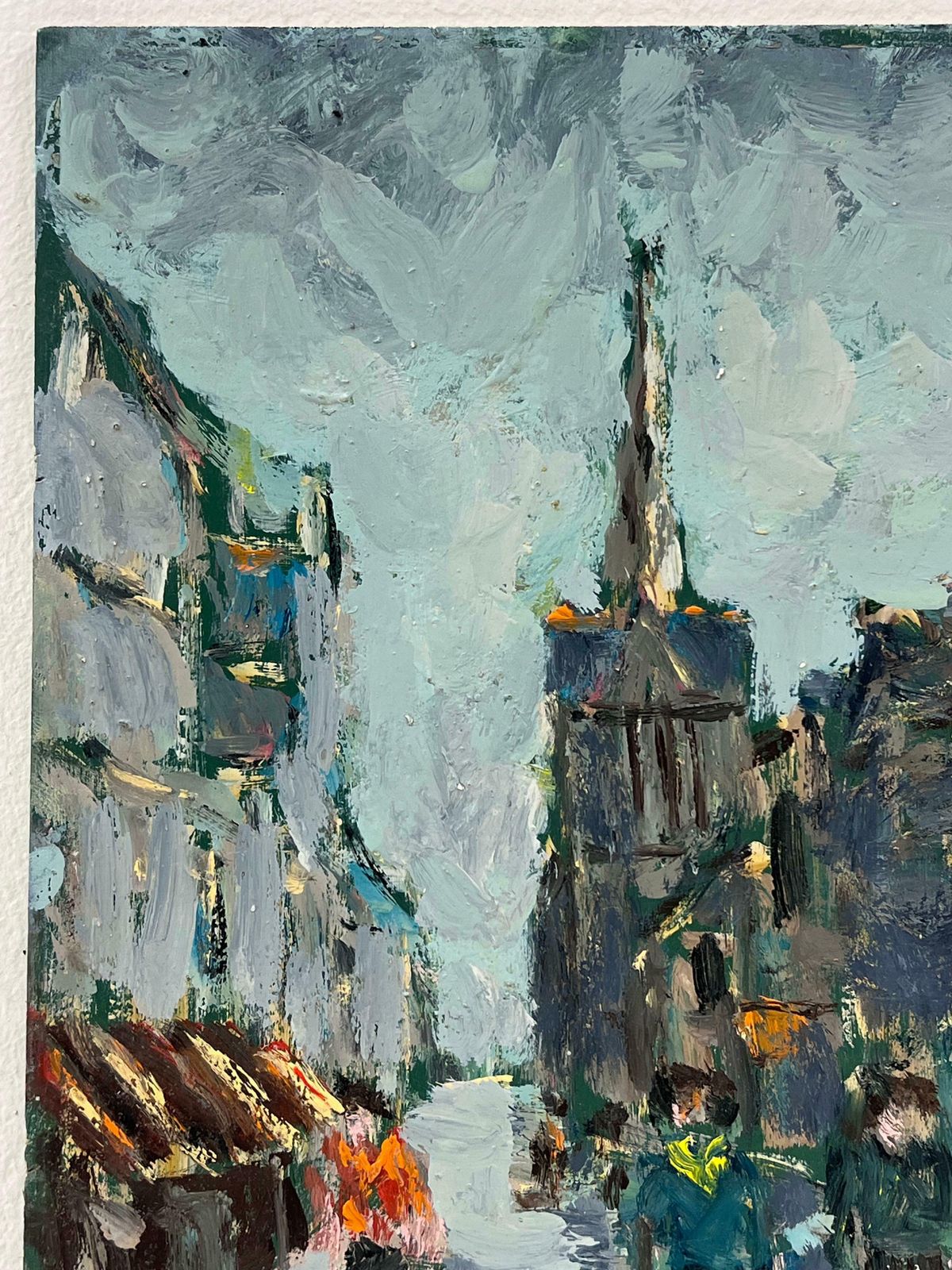 Fanch Lel Figures Walking Beneath A Towering Spire In A Grey Quaint French Cityscape Oil20th Century photo vinterior