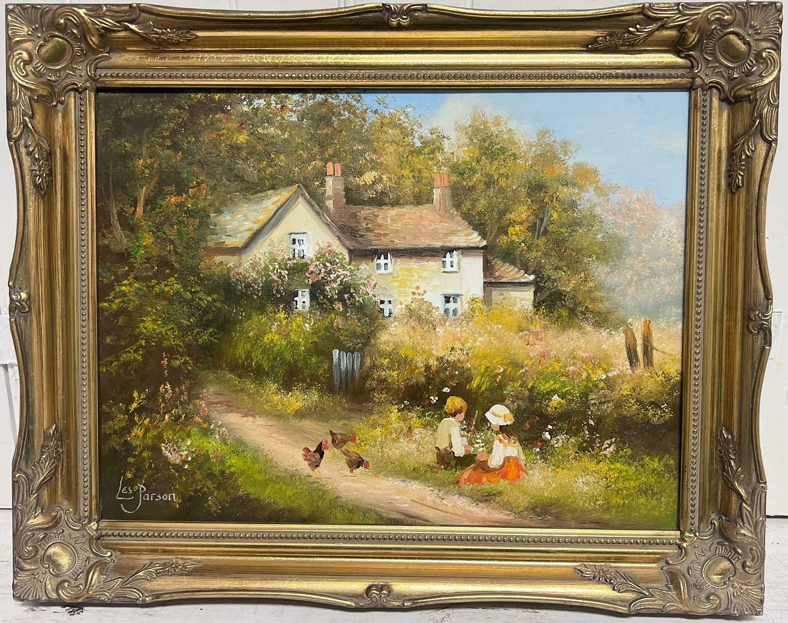 Les Parsonstraditional English Oil Country Cottage Children Playing In Lane & Chickens photo furniture