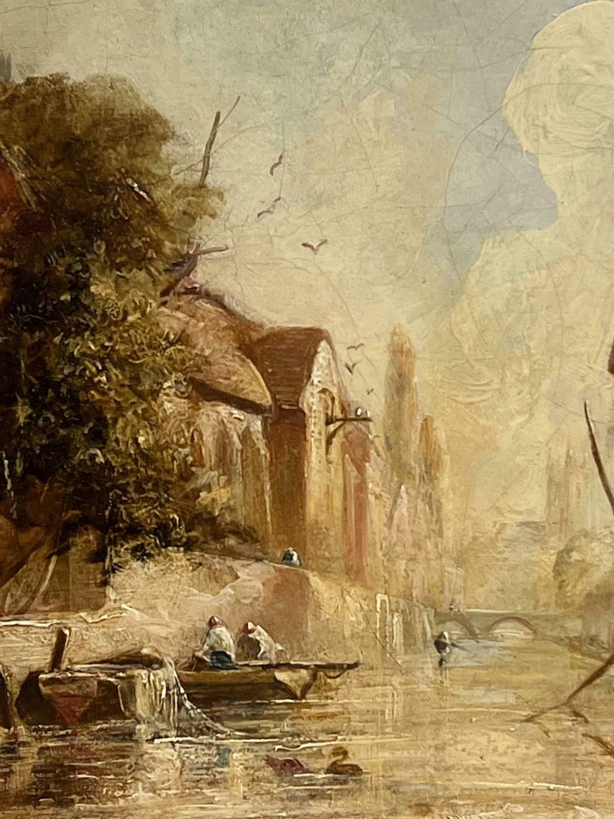 Victorian Oil Painting Figures In Boat City River Scene Backwater photo 1026.0