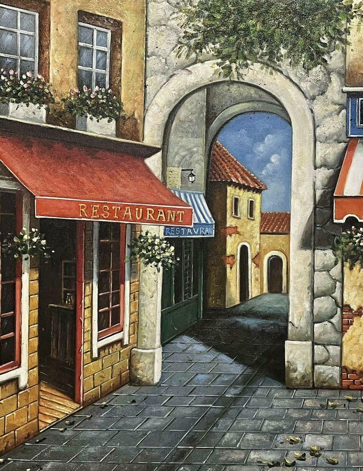 French 20th Centurythe Old French Cafe In Village Huge French Oil Painting On Canvas, Framed photo for sale