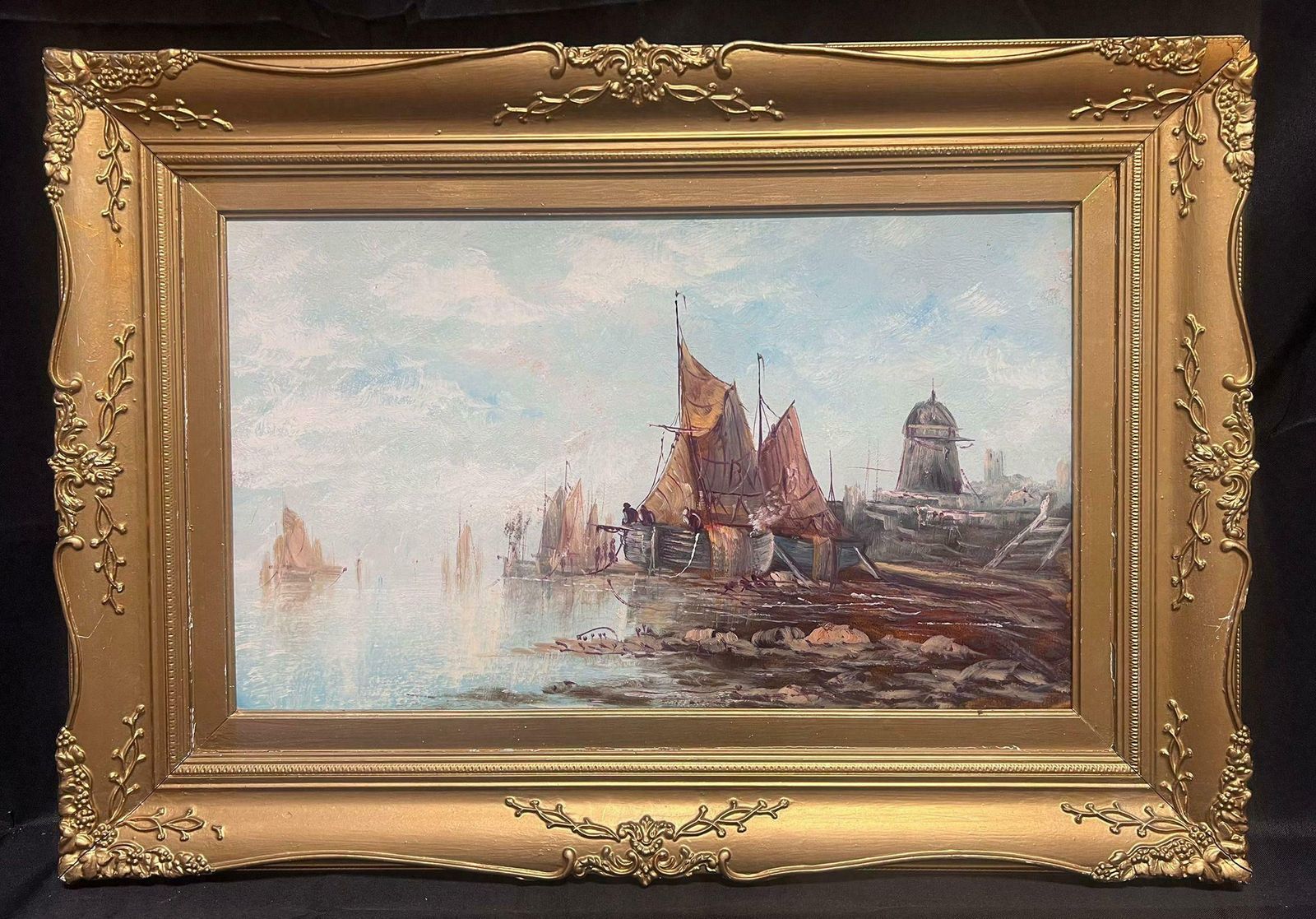 Unknownantique British Marine Oil Painting Fishing Boats In Old Harbour Gilt Framed