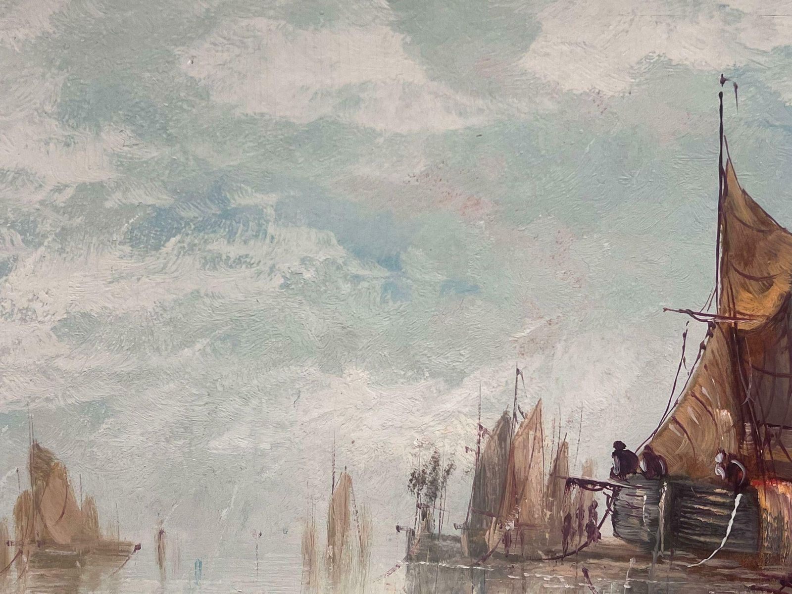 Unknownantique British Marine Oil Painting Fishing Boats In Old Harbour Gilt Framed photo 1026.0