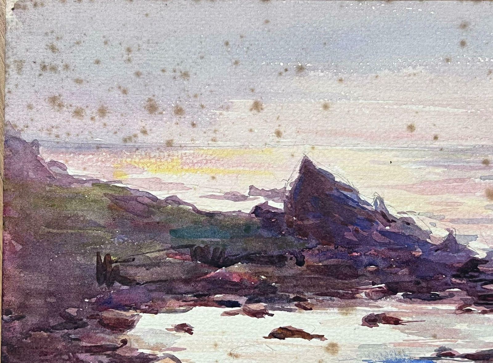 Louise Alix1930's French Impressionist Watercolour Purple Rocks Beach Coast Landscape1940's photo furniture