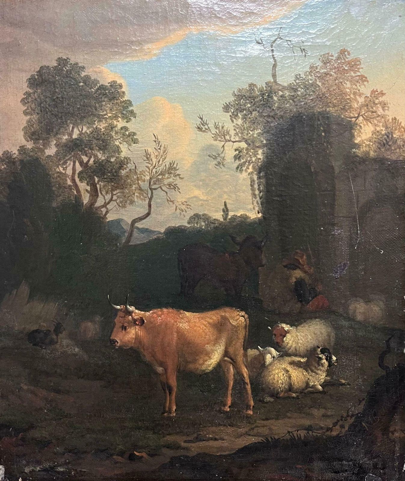 18th Dutch Old Masterfine 18th Century Dutch Old Master Oil Painting Cattle & Sheep Ancient Ruins