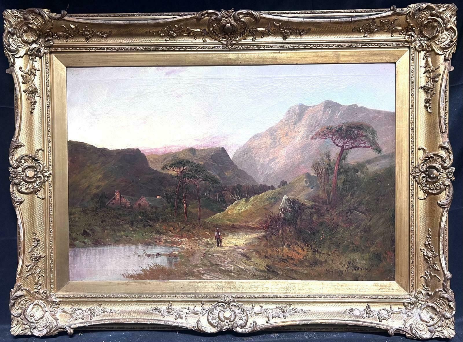 F. E. Jamiesonantique Scottish Highlands Oil Painting Figure Walking In Mountain Glen1920's